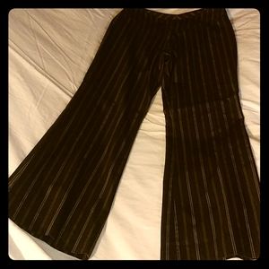 Black bootleg pants with brown and tan pin stripe